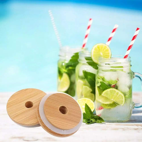 TOUSHI 4Pcs Regular Mouth Bamboo Mason Jar Lids with Straw Hole Reusable Bamboo Caps Leak-Proof Glass Canning Drinking Storage Jars Lid Covers (70...