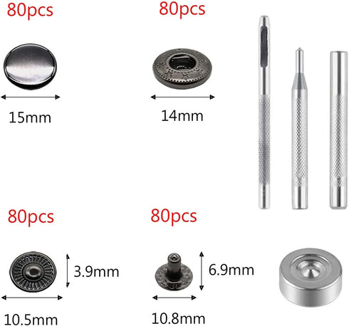 80 Sets Heavy Duty Leather Snap Fasteners Kit, BetterJonny 15mm Metal Snap Buttons Press Studs Leather Snaps with 4 Setter Tools for Clothes Brace...