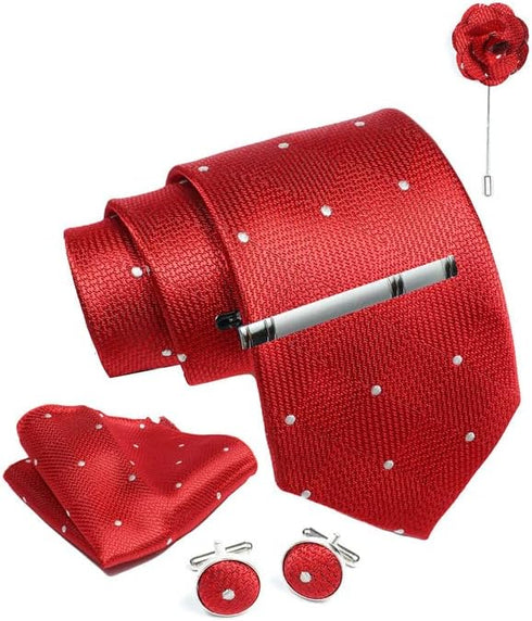 Red Plaid Checkered Ties For Men – Tie Set With Pocket Square Cufflinks Tie Clip Bar & Flower Brooch Pin For Mens (Pack of 5) (AXTS54)...