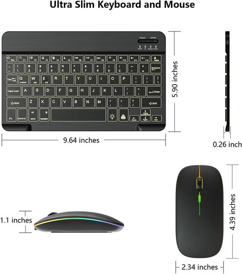 Backlit Bluetooth Keyboard and Mouse Combo for iPad Air Pro Mini Tablet iPhone Android Samsung Smartphone Cell Phone Rechargeable Ultra Slim Wirel...