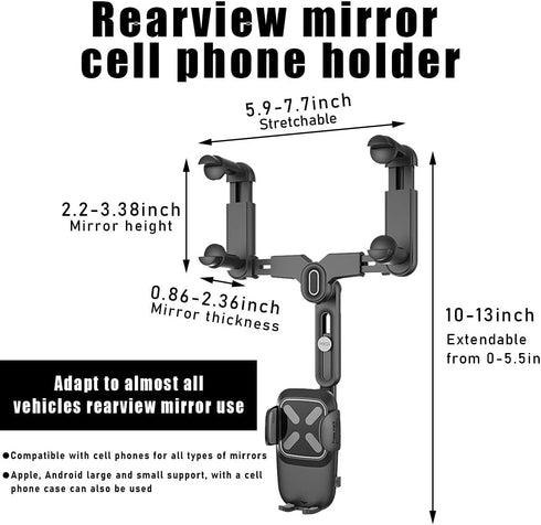 Rear View Mirror Phone Holder, 360° Rotatable Retractable Rearview Mirror Phone Mount, Multifunctional Adjustable Auto Phone Cradles for All Smart...