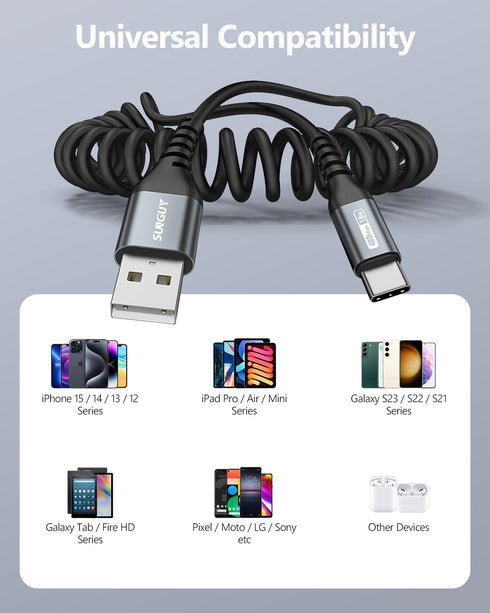 SUNGUY Coiled USB C Cable 3.3FT, USB A to USB C Charger Cable for Car, Android Auto USB-C Fast Charging Cord Compatible with iPhone15/15Pro/15Pro ...
