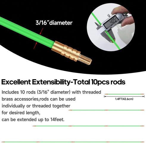 14FT Fiberglass Running Electrical Wire Cable Glow Rods Wire Pulling, Fish Rods Electrical Kit with 8 Different Attachments and Fish Tape Wire Pul...