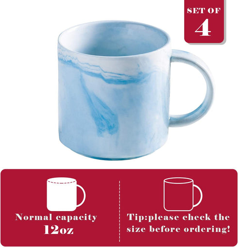 Yundu 12oz Blue Marble Ceramics Coffee Mug Set of 4, Drinking Cups Set, Stackable Latte Mugs with Handle, Microwave and Dishware Safe Cup for kitc...