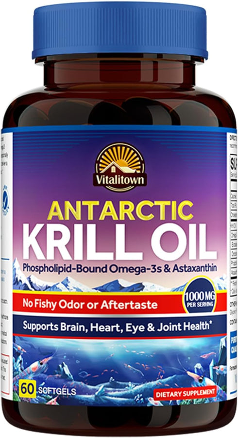 VITALITOWN Antarctic Krill Oil 1000mg, with Omega-3s EPA & DHA, Antioxidant Astaxanthin, No Fishy Odor or Aftertaste, Support Brain, Heart, Eye He...