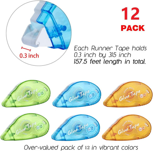 12 Pack Double Sided Tape Roller, Scrapbooking Tape, Permanent Adhesive Tape Dispenser Runner for Crafts and Arts Projects, Photo-Safe...