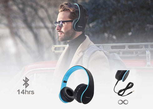 PowerLocus Wireless Bluetooth Over-Ear Stereo Foldable Headphones, Wired Headsets with Built-in Microphone for iPhone, Samsung, LG, iPad (Black/Bl...