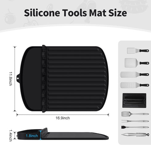 Silicone Griddle Tools Mat for Blackstone,16.9“ x 11.8" Spatula Mat with Drip Pad,Heat-Resistant Grill BBQ Caddy Utensils Holder for Kitchen,Cooki...