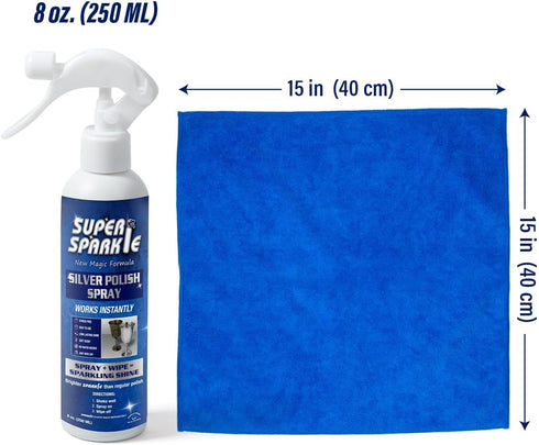 Silver Polish Cleaner Spray 8 Ounce with Cloth Pack Set - Gently Cleans and Removes Tarnish 16x16 inch Silver Cleaning Cloth for Sterling Silver, ...