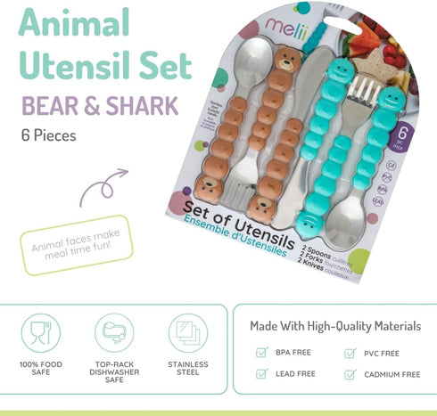 melii Toddler and Kid Feeding Spoon Fork & Knife Set, Stainless Steel – Bulldog, Cat, Shark, Bear– BPA Free, Dishwasher safe (Bear & Shark 6pc)...