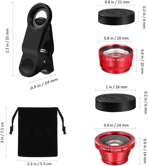 External Lens for Mobile Phone 3-in-1 Fisheye Macro Wide Angle Lens with Clip Aluminum Alloy Compatible with iPhone and Smartphones...