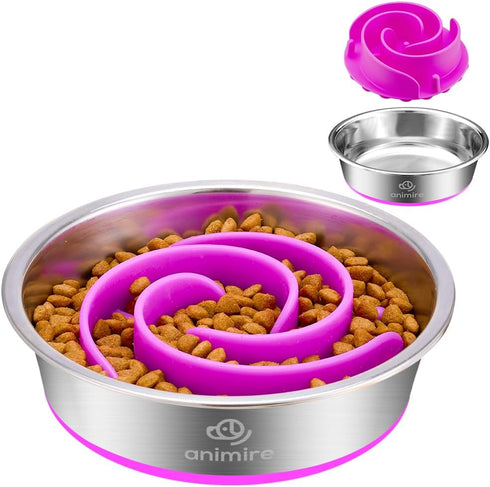 2-in-1 Metal Dog Bowl with Slow Feeder Insert, Stainless Steel Dog Bowls Food Grade 304, Water Food Bowl with Anti-Slip Silicone Base for Small & ...