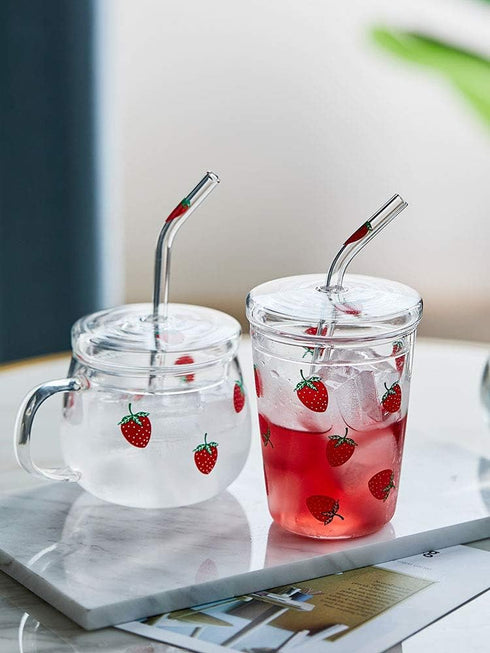 10 Oz Lovely Strawberry Clear Glass Tumbler with Lid and Straw....