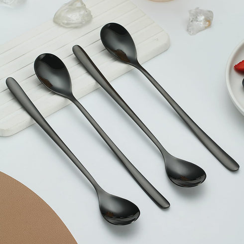 Black Long Handle Iced Tea Spoon Set of 12 Pieces, Titanium Plating Black Stainless Steel Teaspoons, Stirring Bar Spoon, Coffee Spoon, Ice Cream S...