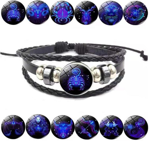 Vintage Zodiac Constellation Bracelets Zodiac Guardian Bracelet Black Leather Bracelet Adjustable Handmade Woven Bracelet Birthday Jewelry for Wom...