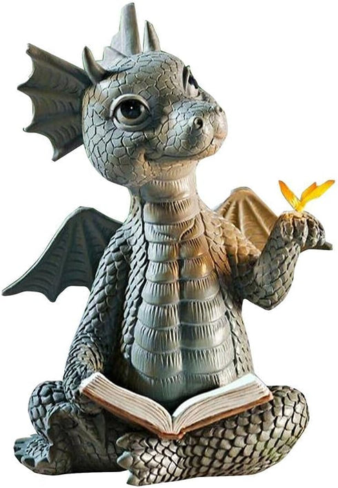 Baby Dragon Reading Book Statue, 5.9-Inch Tall Cute Dinosaur Holding Butterfly Figurines Art Resin Sculpture Outdoor Garden Decor Home Desk Orname...