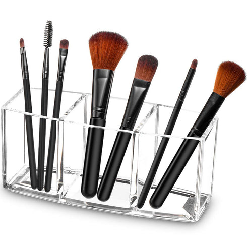 Tasybox Clear Makeup Brush Holder Organizer, 3 Slot Acrylic Brushes Storage, Eyeliners Eyebrow Pencil Display Case...