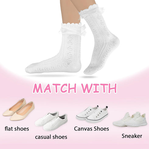 2 Pairs Women Frilly Socks Women's Lace Ruffle Ankle Socks White Lace Ankle Socks Princess Style Dress Socks for Women Girls...
