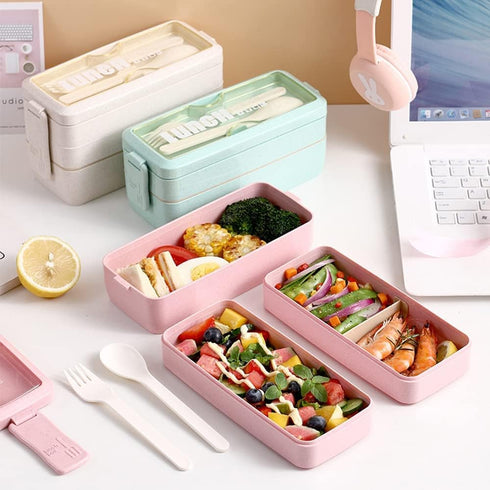 Iteryn Bento Box Lunch Box, 3-In-1 Compartment Lunch Containers - Wheat Straw, Leakproof Stackable Bento Lunch Box Meal Prep...