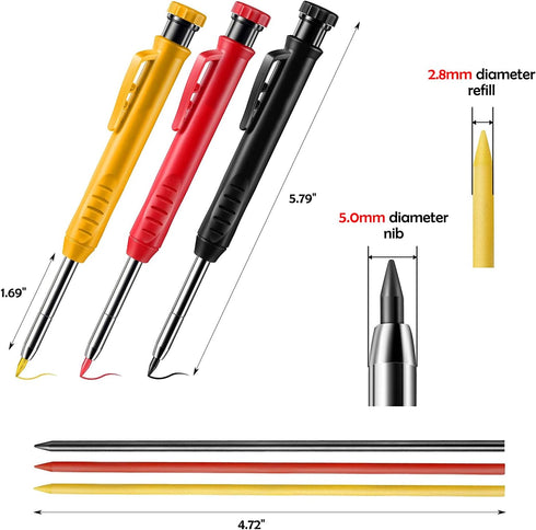 Sutekus Carpenter Pencil Set 3 Pieces Deep Hole Pencil with Built in Sharpener and 18 Pcs Refills Scriber Marking Tools for Woodworking Constructi...