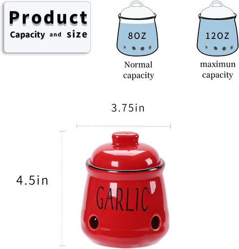 HAOTOP Garlic Keeper with Lid, Ceramic Mini Garlic Container Saver for Countertop, Keep Your Garlic Cloves Fresh, Red...