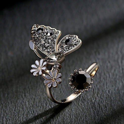 Kokoma Black Crystal Butterfly Ring for Women Cubic Zirconia Daisy Flower Open Statement Rings Wrap Finger Band Engagement Promise Rings...