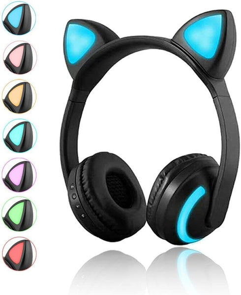Wireless Bluetooth Cat Ear Headphones with Mic 7 Colors LED Light Flashing Glowing On-Ear Stereo Headset Compatible with Smartphones PC Tablet...