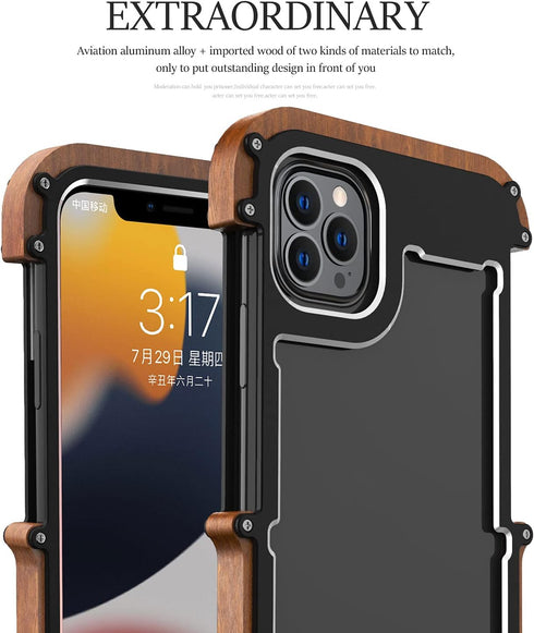Kowauri Case for iPhone 13 Pro Max,Drop Protection Aluminum Metal Wood Bumper Frame Cover Shockproof Dropproof Protective Case for iPhone 13 Pro M...