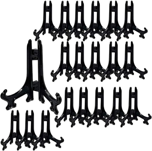 BANBERRY DESIGNS Black Folding Dislay Easels - Pack of 20 Display Easels - Curved Folding Stands - Hinged Table Card Holders. Measurements are 3" ...