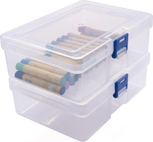CHILDHOOD 2 Pack of Clear Plastic Clip Box, Crayon box Small Plastic Containers with Lids, Small Modular Supply Case for Office supplies, 6.5 x 4....