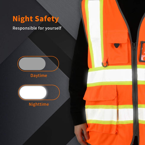 High Visibility Safety Vest with Pockets, Mic Tab, Reflective Strips and Zipper, ANSI/ISEA Standards,Oange,M...