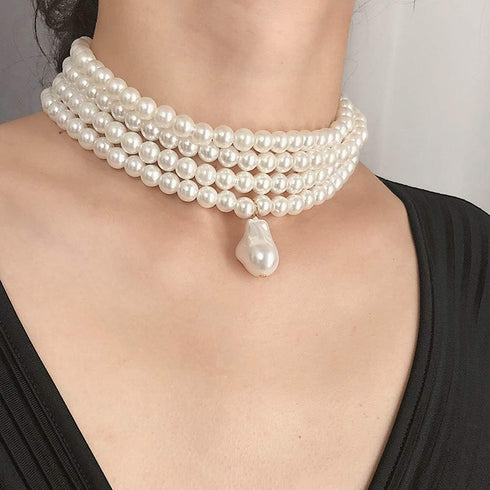 Simulated Pearl Chokers Multi-Layer Pearl Necklace Multi-Strand Pearl Statement Bridal Choker Necklace for Wedding Party Jewelry 20s Flapper Neckl...
