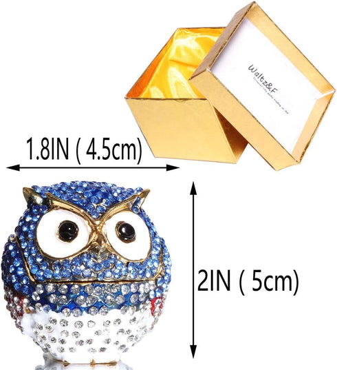 Waltz&F Diamond Light Blue Owl TrinketBox Hinged Hand-painted Figurine Collectible Ring Holder...
