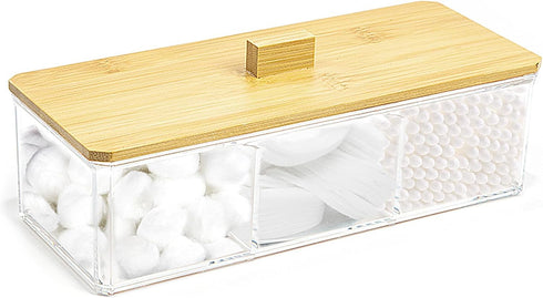 Qtip Holder Cotton Round Dispenser with Wood Lid Countertop 3 Compartments in 1 Dustproof Bathroom Organizer for Cotton Ball Clear Acrylic Contain...