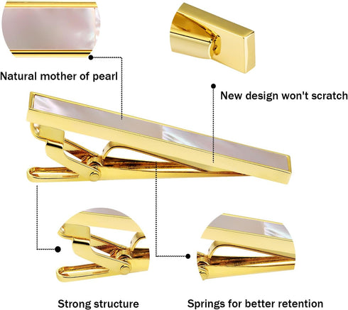 Mother of Pearl Tie Clips for Men, TAIGRAMA Gold Tie Clip for Regular Ties and Skinny Ties, Tie Bar and Tie Pin Suitable for Wedding Anniversary B...