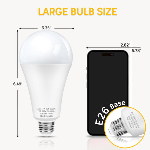 LED Light Bulb A23 300W Equivalent, Super Bright 4060 Lumen 5000k Cool Daylight White E26 Medium Base 33 Watt LED Bulb for Outdoor Indoor Lamp Are...