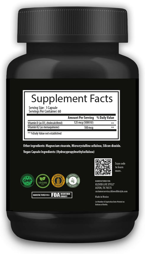 Klever Lifestyle Vitamin D3 & K2 - Supplement for Bone, Joint & Immune Health, Mood Support, Antioxidant, Strong Bones - 60 capsules - 5000 UI per...