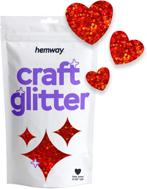 Hemway Craft Glitter - 1/8" 0.125" 3mm - Heart Shaped Valentines Love Glitter Nails, Face, Arts, Crafts and Decoration - Red Holographic - 50g...