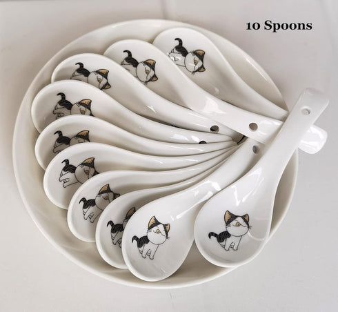 Set of 10 Asian Soup Spoons with Cat Pattern, 5.4 inch Ceramic Chinese Soup Spoons, Porcelain Spoons for Cereal Ramen Appetizers Desserts Wonton D...