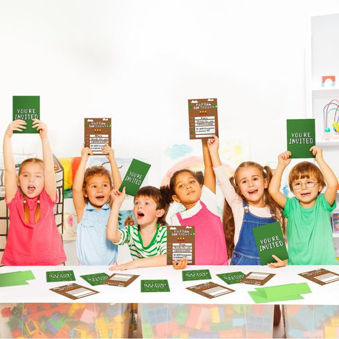 25 Pieces Pixel Video Birthday Party Supplies Game Themed Party Invitations Invite Card with Green Envelopes for Boy Kids Pixel Gamer Party Decora...