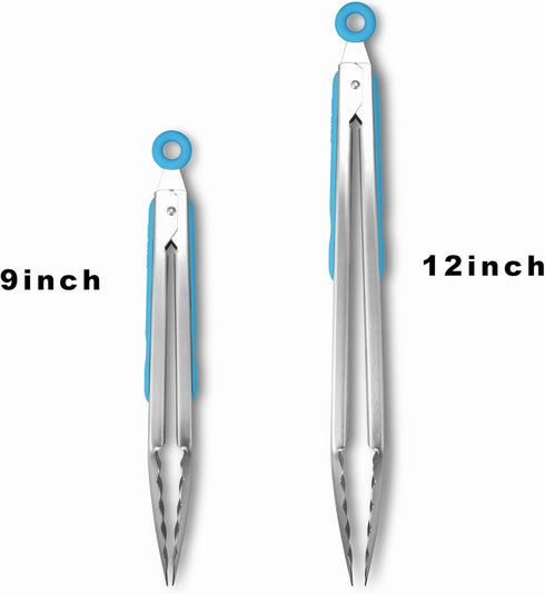 ALLWIN-HOUSEWARE W 304 Stainless Steel Kitchen Cooking Tongs, 9" and 12" Set of 2 Sturdy Grilling Barbeque Brushed Locking Food Tongs with Ergonom...