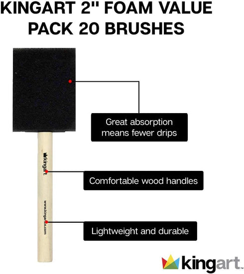 KINGART 242-20 Foam 20 Pc. Value Pack 2" Brush Set, Short Wood Handle, for Oil, Acrylic & Watercolor Paint, Great for Crafts, DIY Home Projects, H...