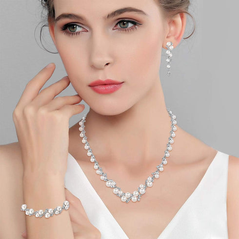 EVER FAITH Simulated Pearl Crystal Bridal Necklace Earrings Bracelet Set Clear...