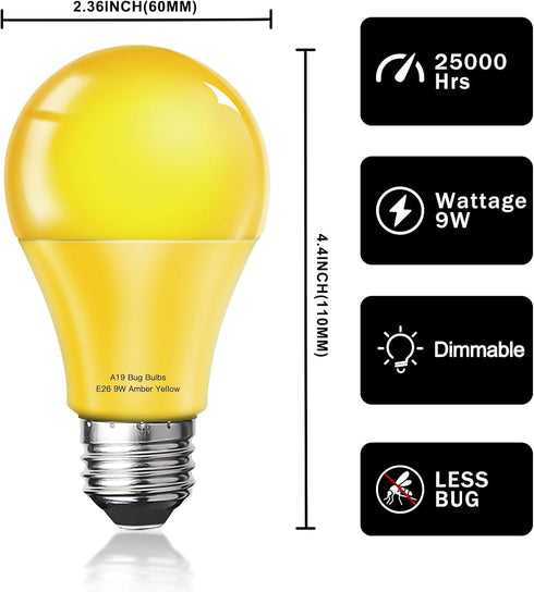 LED Bug Light Bulbs Outdoor 4 Pack,Dimmable 9W Amber Yellow Bug Light Bulbs Replace up to 60W, A19 Bug Lights for Outside, Bedroom, Hallway Porch ...