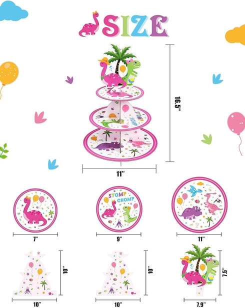WERNNSAI Dinosaur Cupcake Stand - 3-Tier Pink Dinosaur Birthday Party Decorations for Girls Cardboard Dino Cupcake Holder Dessert Tower Round Serv...