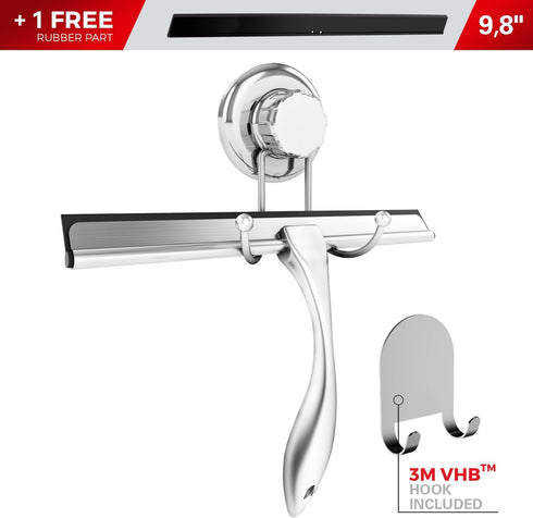 Bathroom Shower Squeegee Chrome Plated Stainless Steel with Matching Suction Cup Hook Holder, 3M Adhesive Mounting Disc, 3M Hook,1 Replacement Rub...