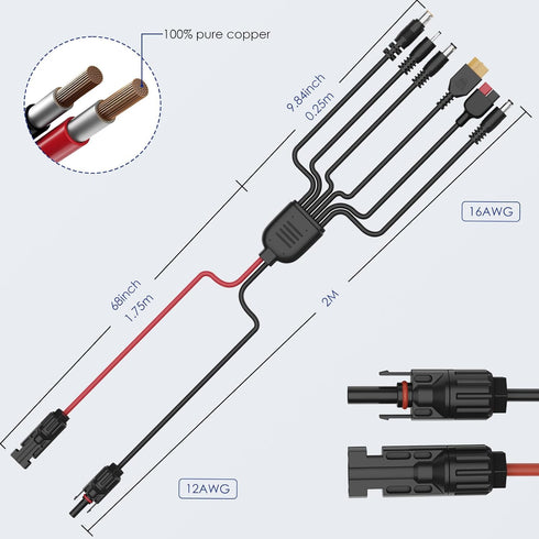 Solar Panel Connector 6 in 1, Solar Extension Cable Connector Kit XT60 Extension Cable, Anderson and 4 DC Ports(DC7909,DC6530,DC5521,DC35135) Sola...