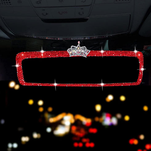 Bling Car Mirror Rhinestone Car Rear View Mirror for Women Rear View Mirror Glitter Shining Car Mirror (Red-Crown)...
