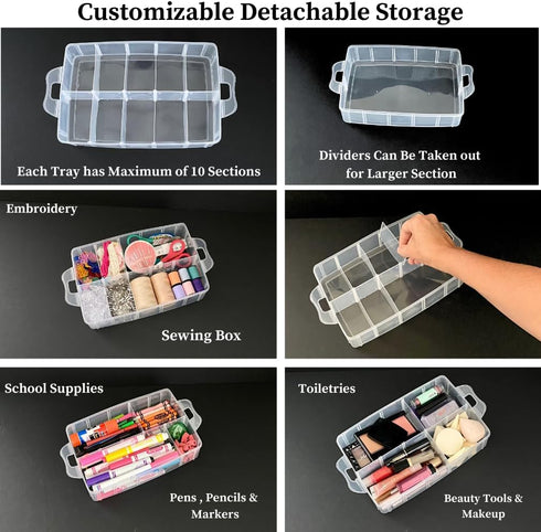 Evelots Storage Container Box, 3 Tier Stackable Snap-On Trays 30 Compartments with Adjustable Dividers for Arts & Crafts Storage, Jewelry Bead Org...