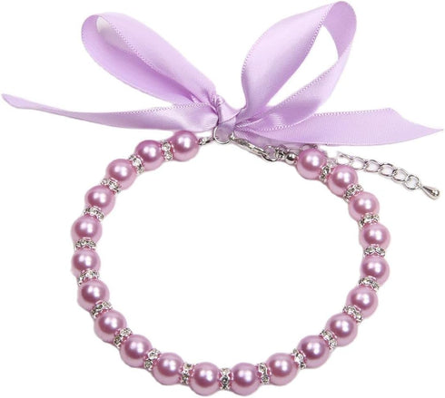 Dog Cat Pearls Necklace Collar with Bling Accessories and Ribbon Bow Pet Puppy Jewelry for Female Dogs Cats Small Medium (M, Purple)...